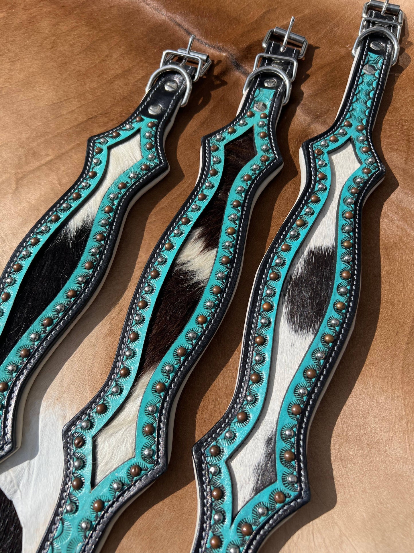 Hair On Cowhide Scalloped Turquoise Dog Collar