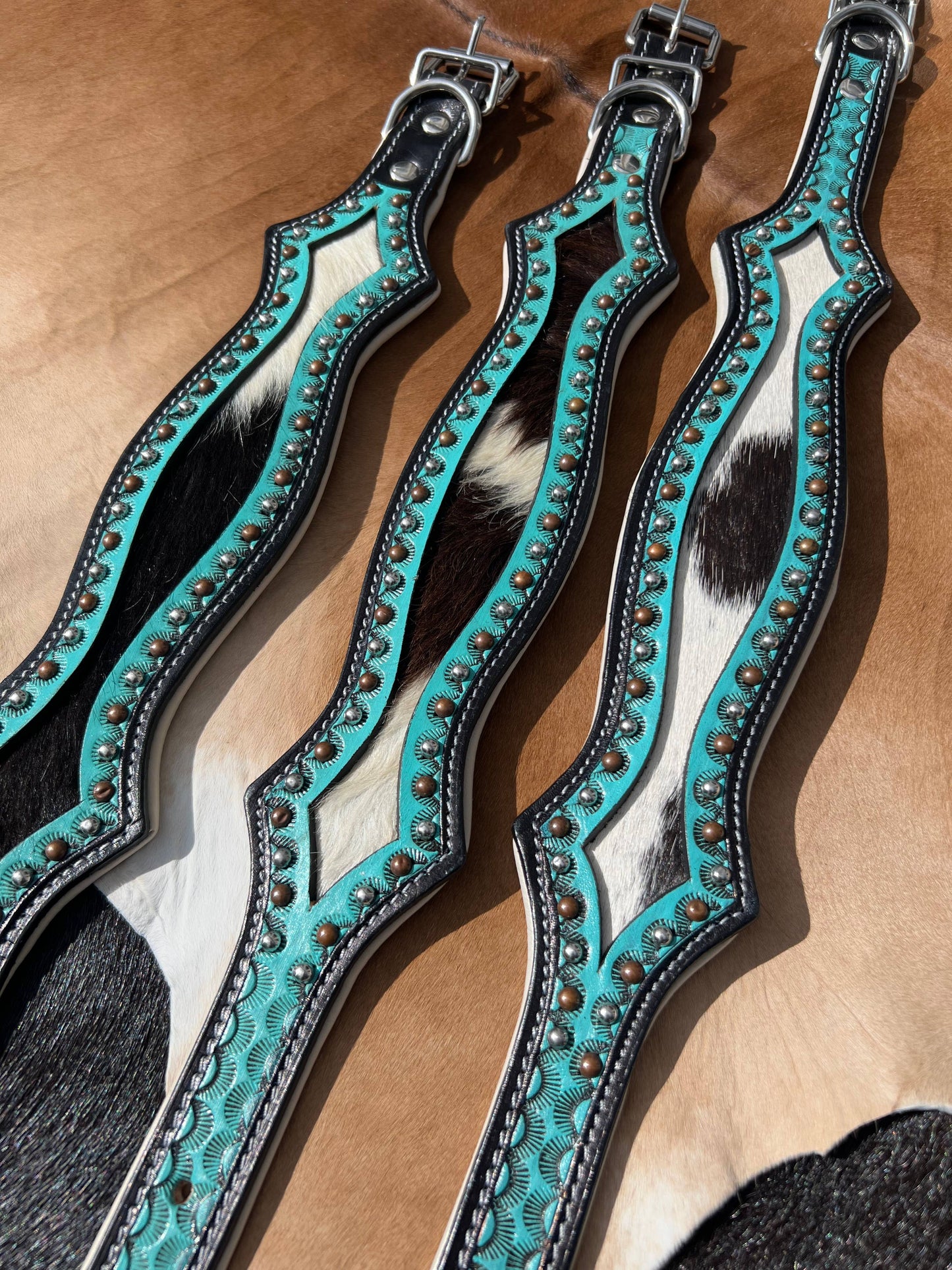 Hair On Cowhide Scalloped Turquoise Dog Collar