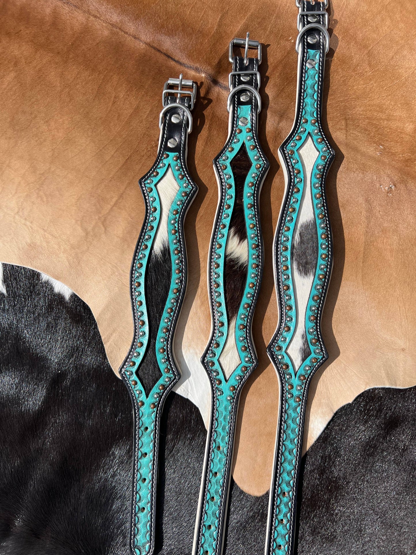 Hair On Cowhide Scalloped Turquoise Dog Collar