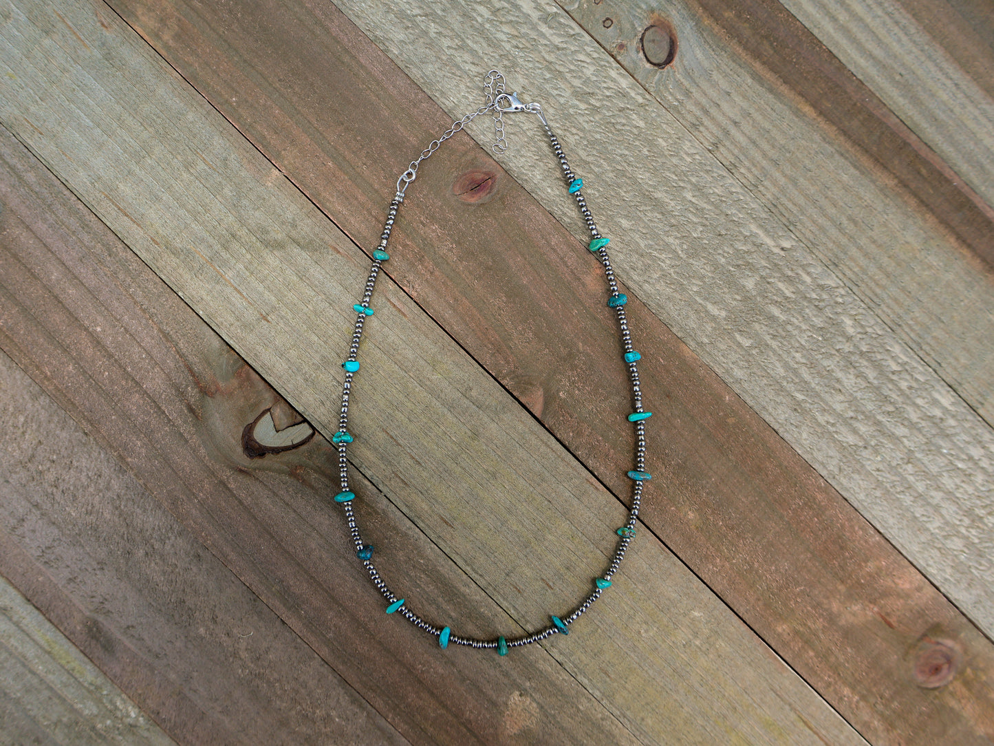 Natural Turquoise Choker with Silver Seed Beads