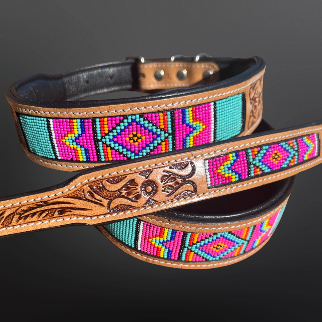 Pink & Turquoise Beaded Dog Collar