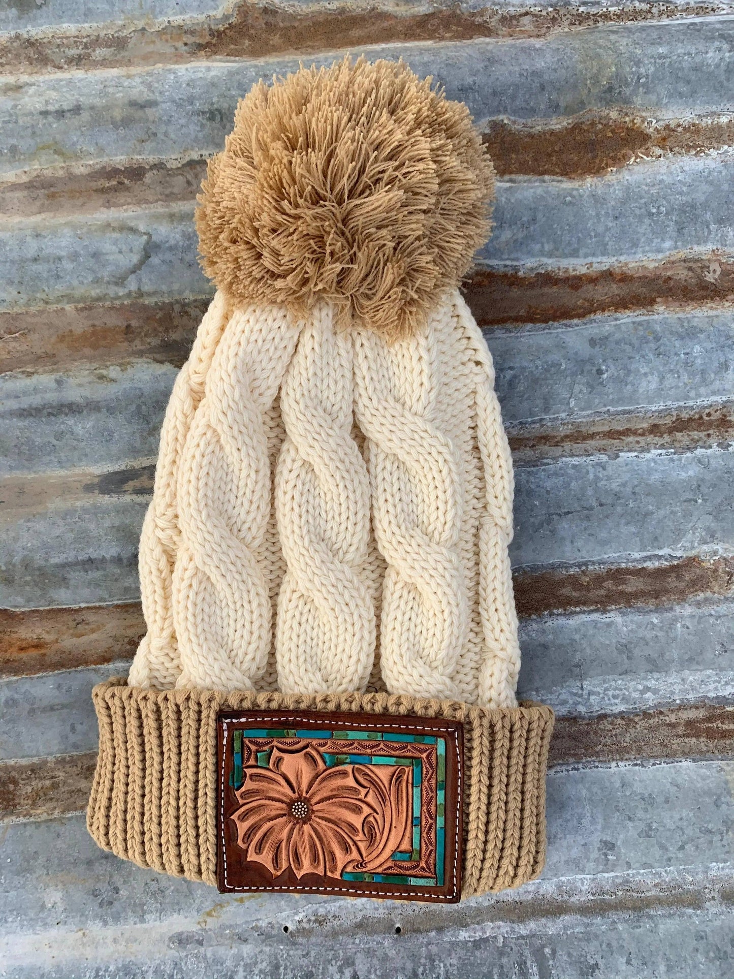 Tooled Leather Patch Beanie with Pom Pom