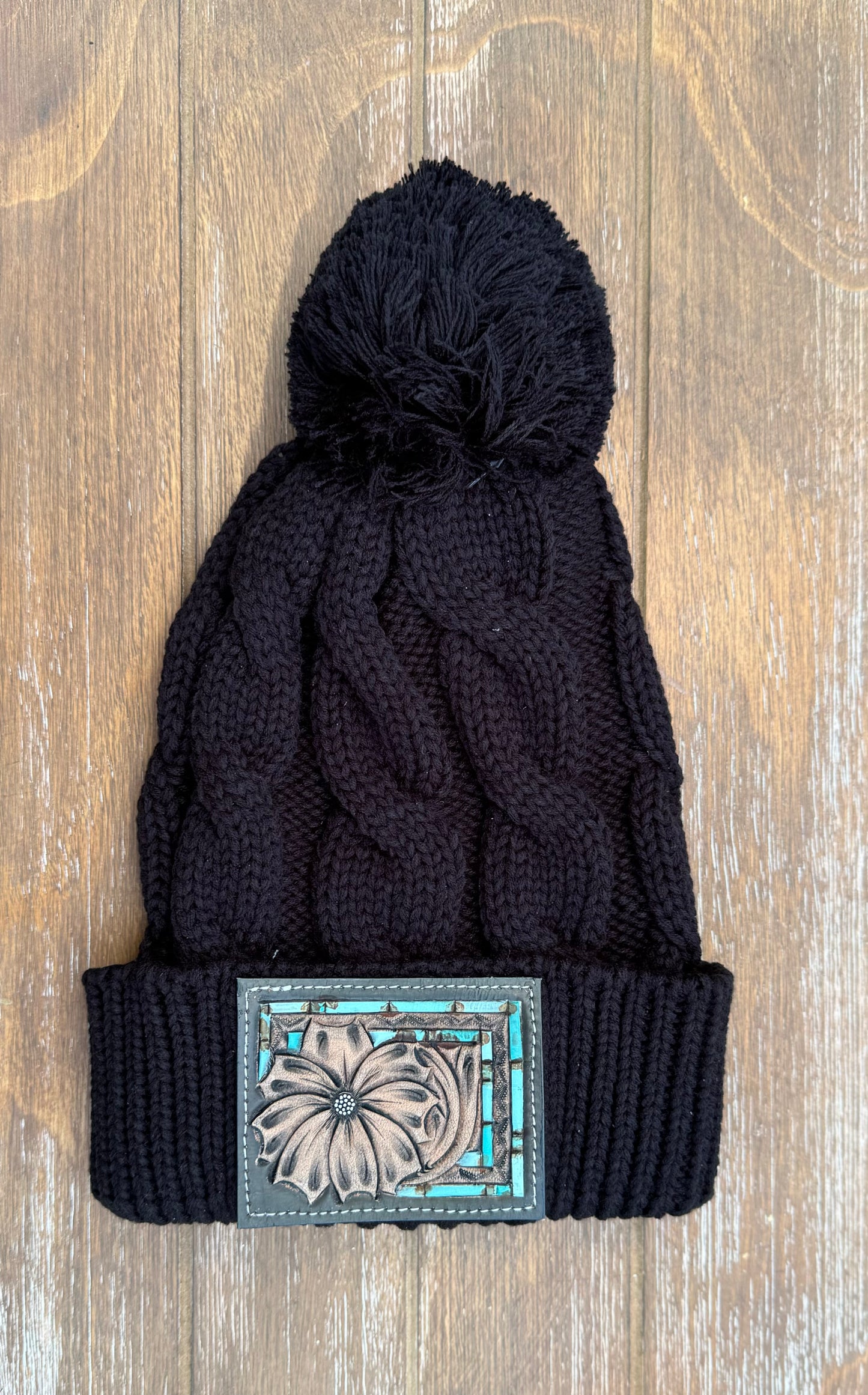 Tooled Leather Patch Beanie with Pom Pom