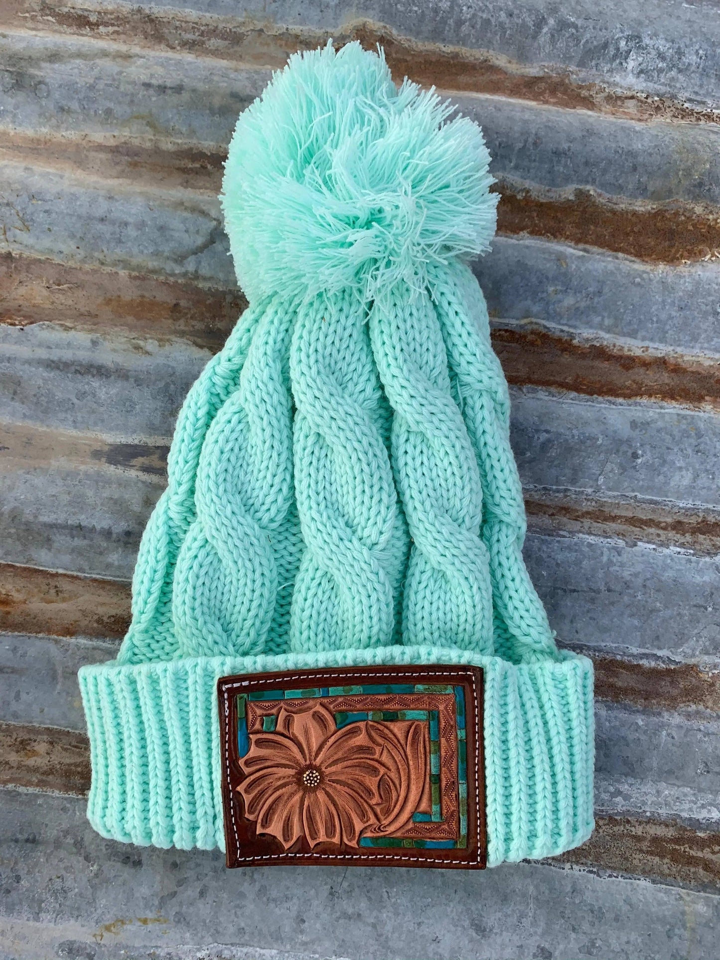 Tooled Leather Patch Beanie with Pom Pom