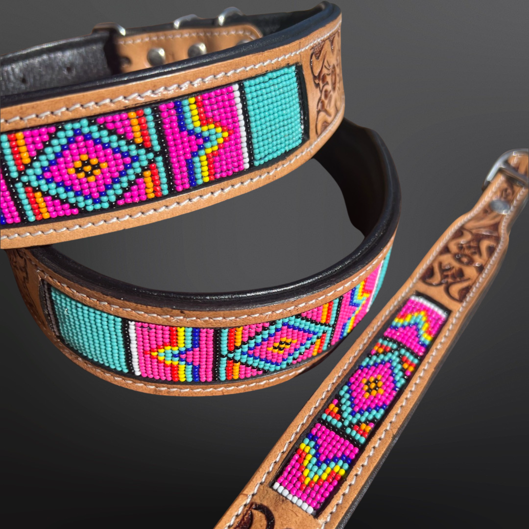 Pink & Turquoise Beaded Dog Collar