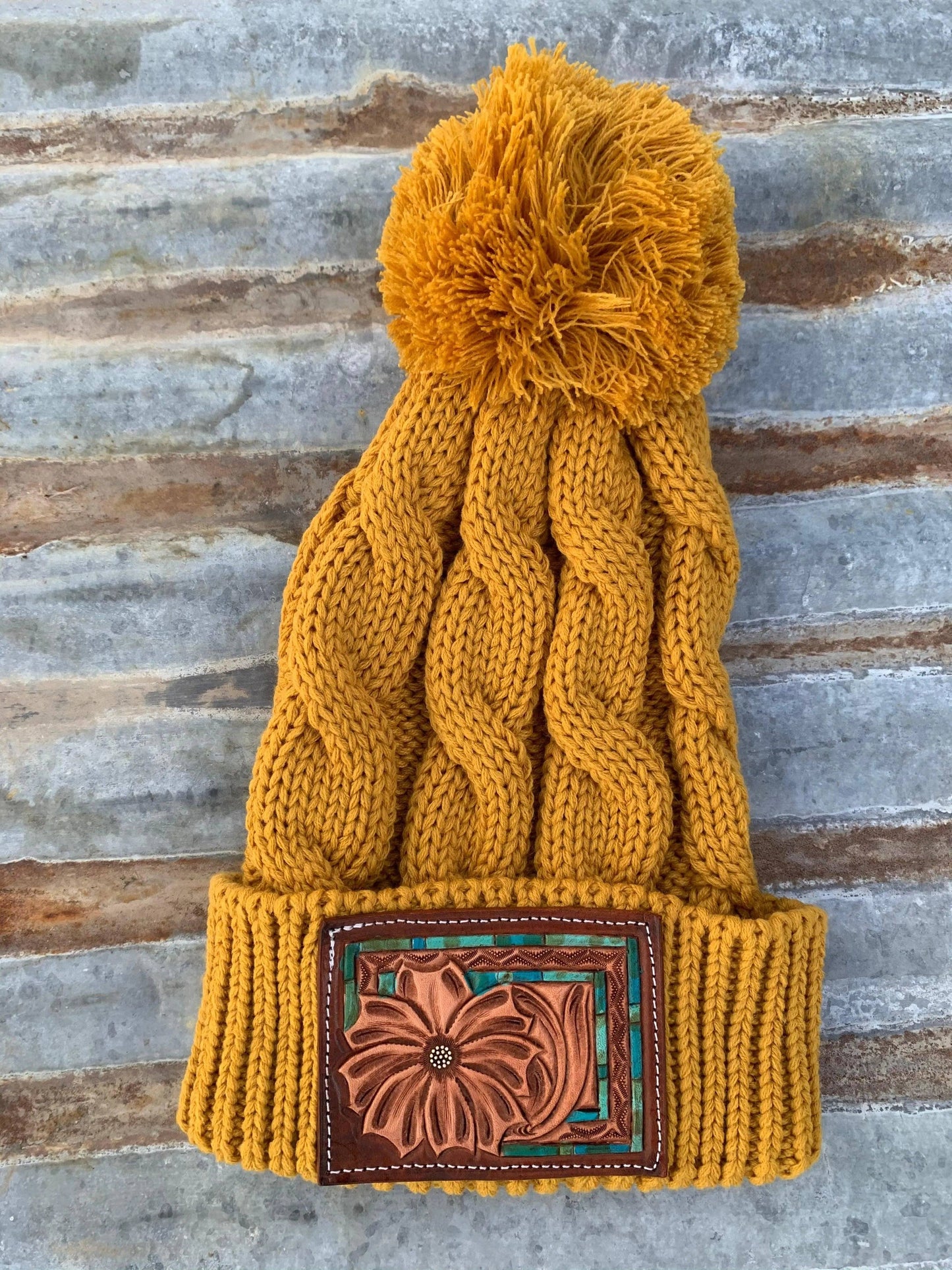 Tooled Leather Patch Beanie with Pom Pom